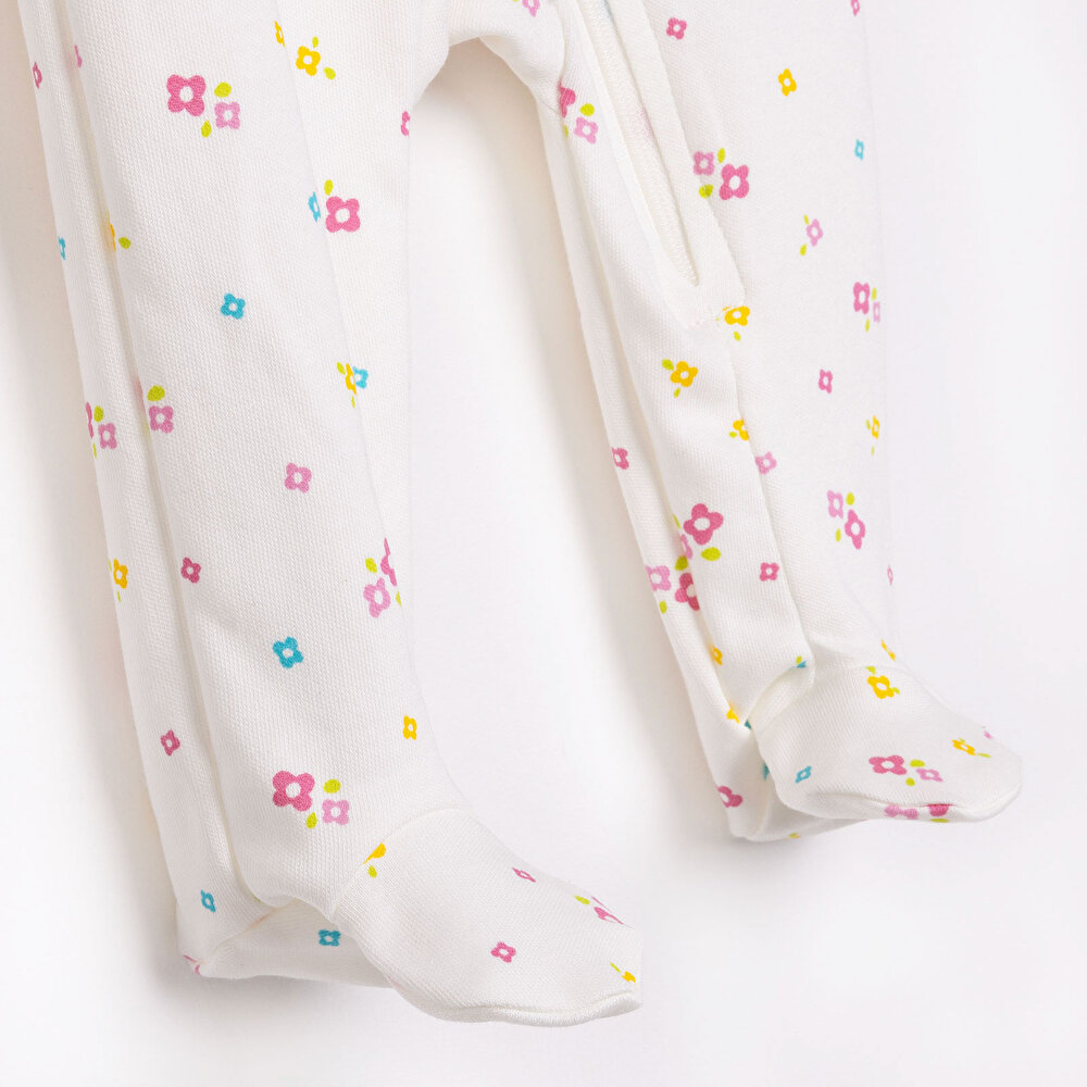 Kız Bebek Yenidoğan Patikli Tulum%100 Pamuk Fermuarlı Ekru