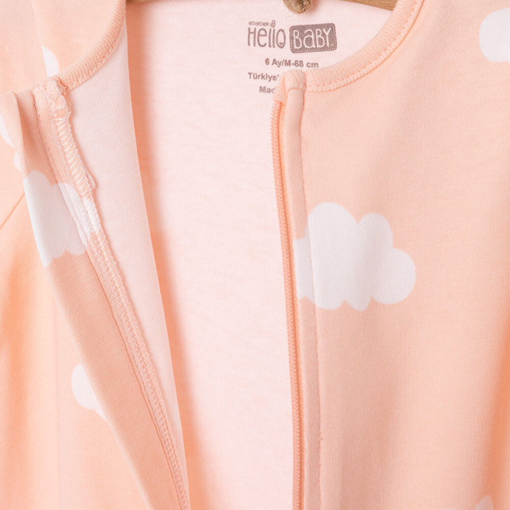 Kız Bebek Yenidoğan Patikli Tulum %100 Pamuk Fermuarlı Bulut Desenli Fermuarlı Bisiklet Yaka Uzun