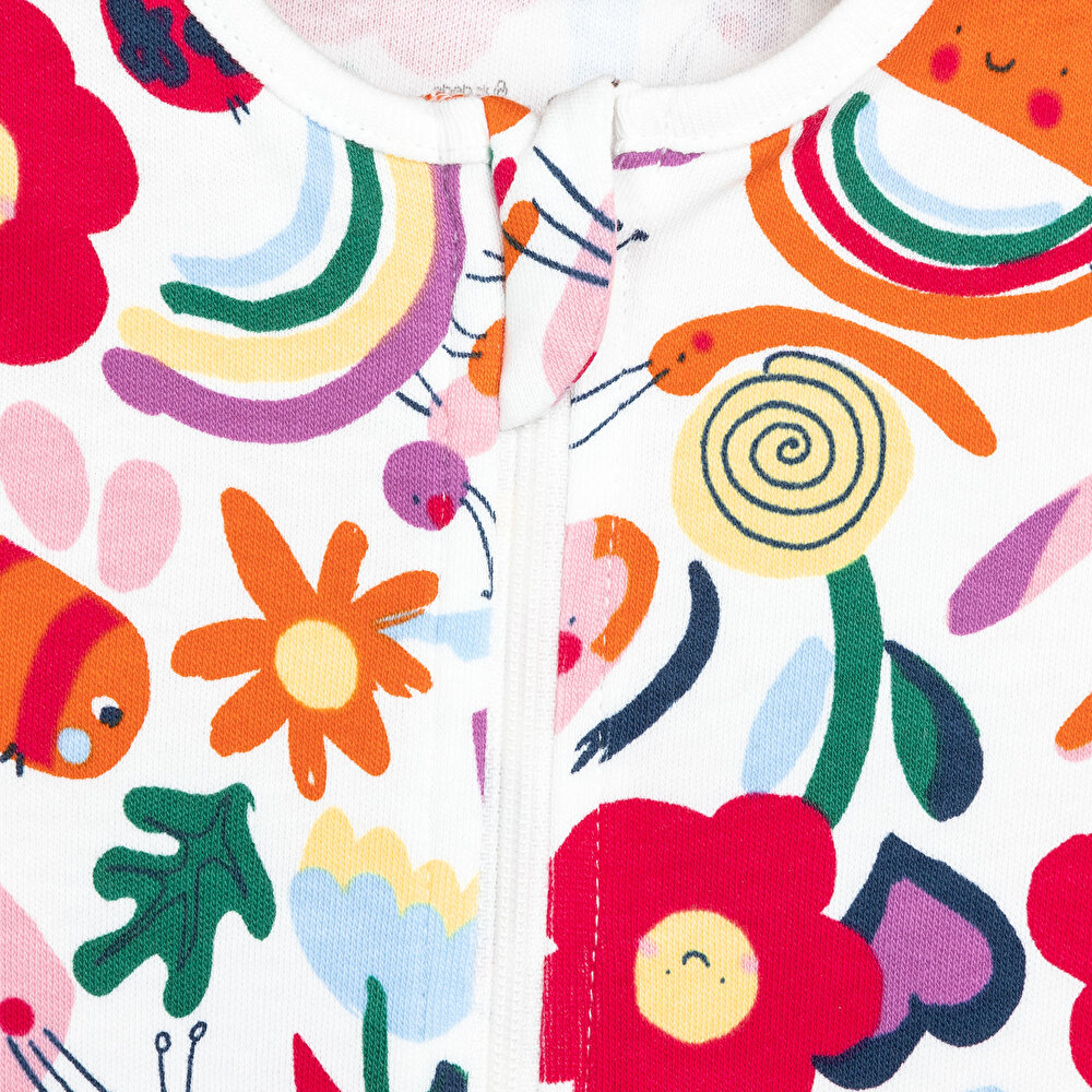 Kız Bebek Yenidoğan Patikli Tulum %100 Pamuk Çiçek Desenli Fermuarlı Bisiklet Yaka Uzun Kol Ekru