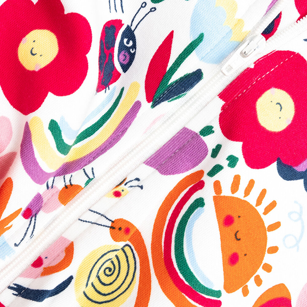 Kız Bebek Yenidoğan Patikli Tulum %100 Pamuk Çiçek Desenli Fermuarlı Bisiklet Yaka Uzun Kol Ekru