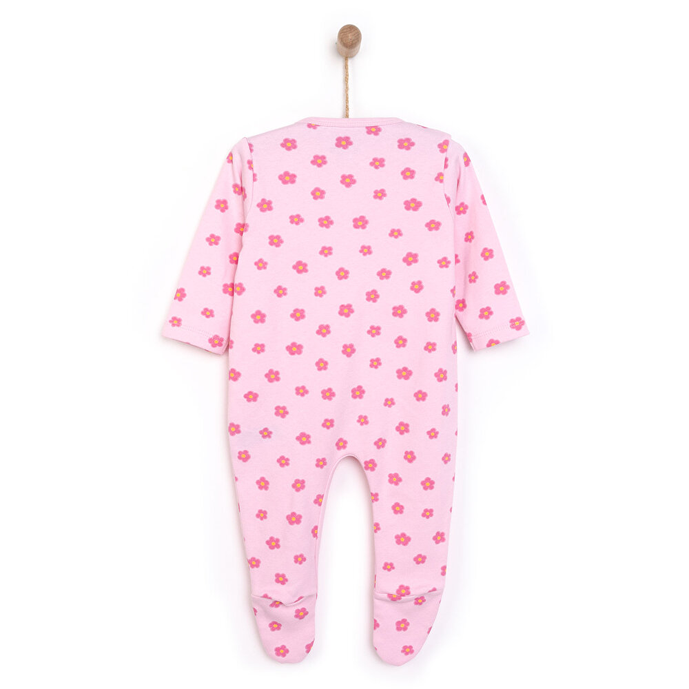 Kız Bebek Yenidoğan Patikli Tulum %100 Pamuk Fermuarlı Çiçek Desenli Bisiklet Yaka Uzun Kol Pembe