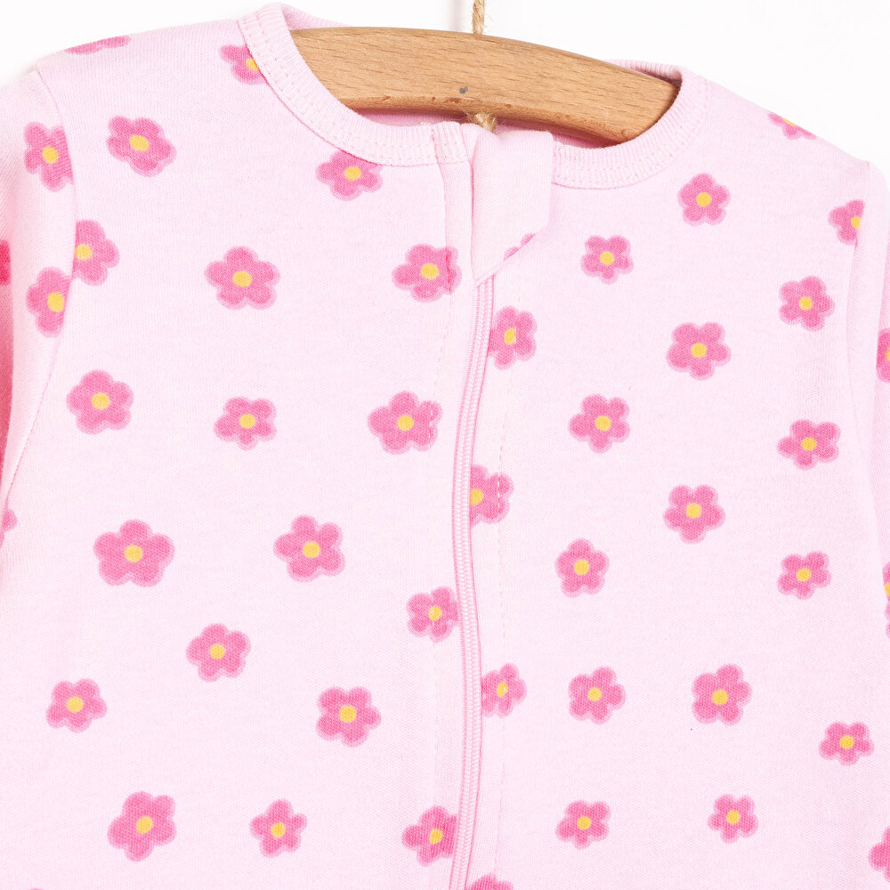 Kız Bebek Yenidoğan Patikli Tulum %100 Pamuk Fermuarlı Çiçek Desenli Bisiklet Yaka Uzun Kol Pembe