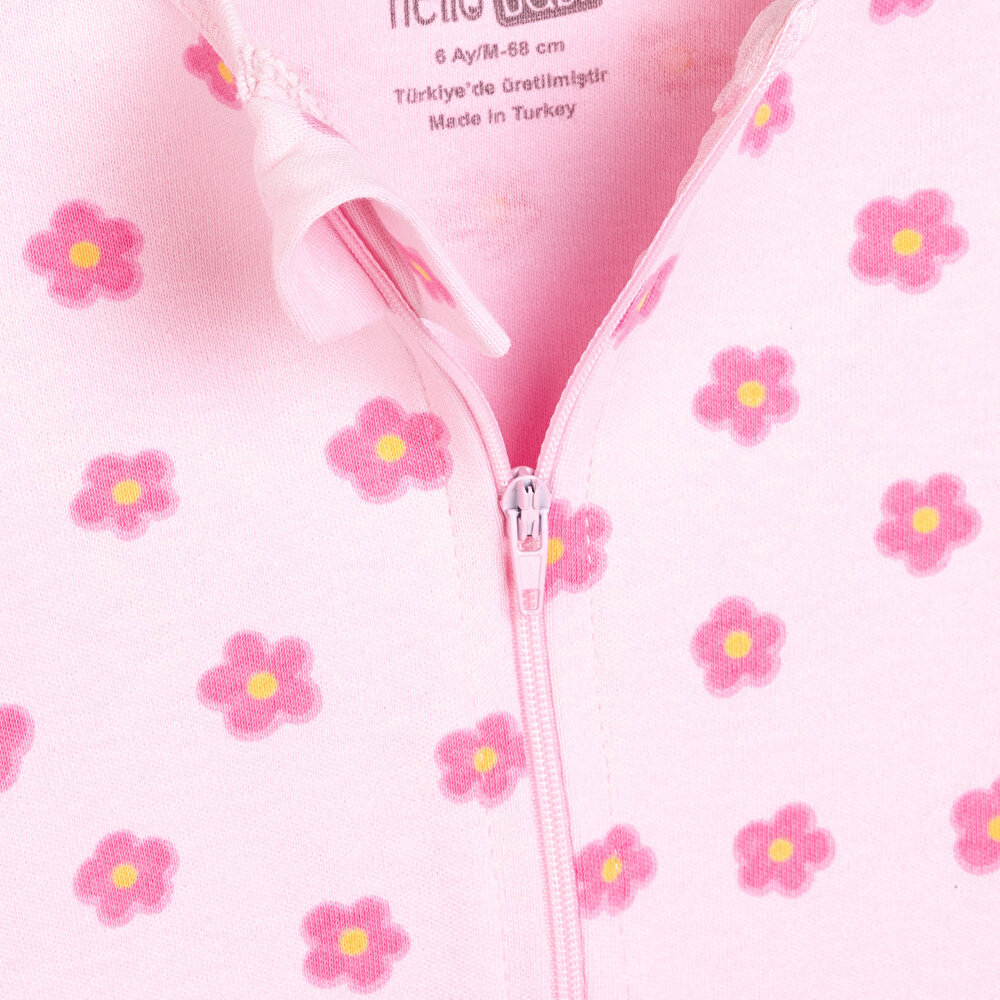 Kız Bebek Yenidoğan Patikli Tulum %100 Pamuk Fermuarlı Çiçek Desenli Bisiklet Yaka Uzun Kol Pembe