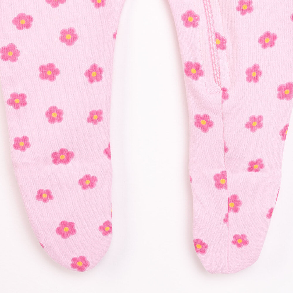 Kız Bebek Yenidoğan Patikli Tulum %100 Pamuk Fermuarlı Çiçek Desenli Bisiklet Yaka Uzun Kol Pembe