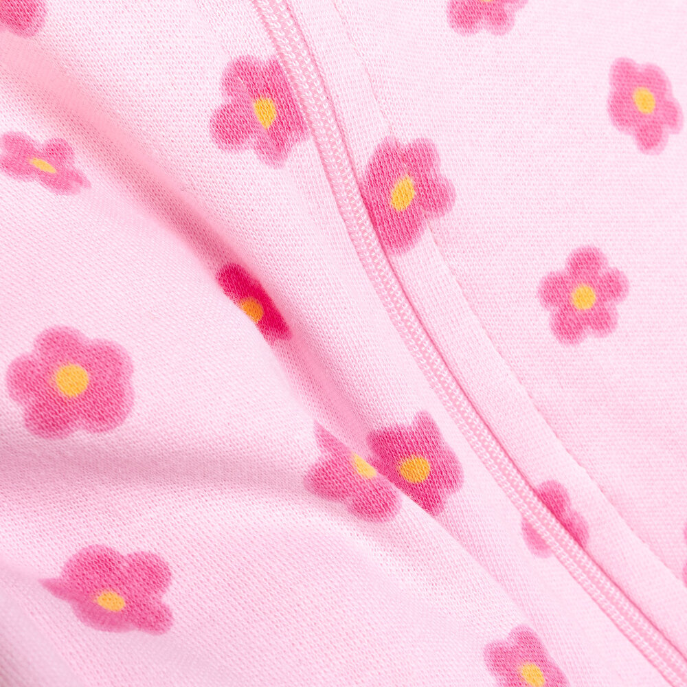 Kız Bebek Yenidoğan Patikli Tulum %100 Pamuk Fermuarlı Çiçek Desenli Bisiklet Yaka Uzun Kol Pembe