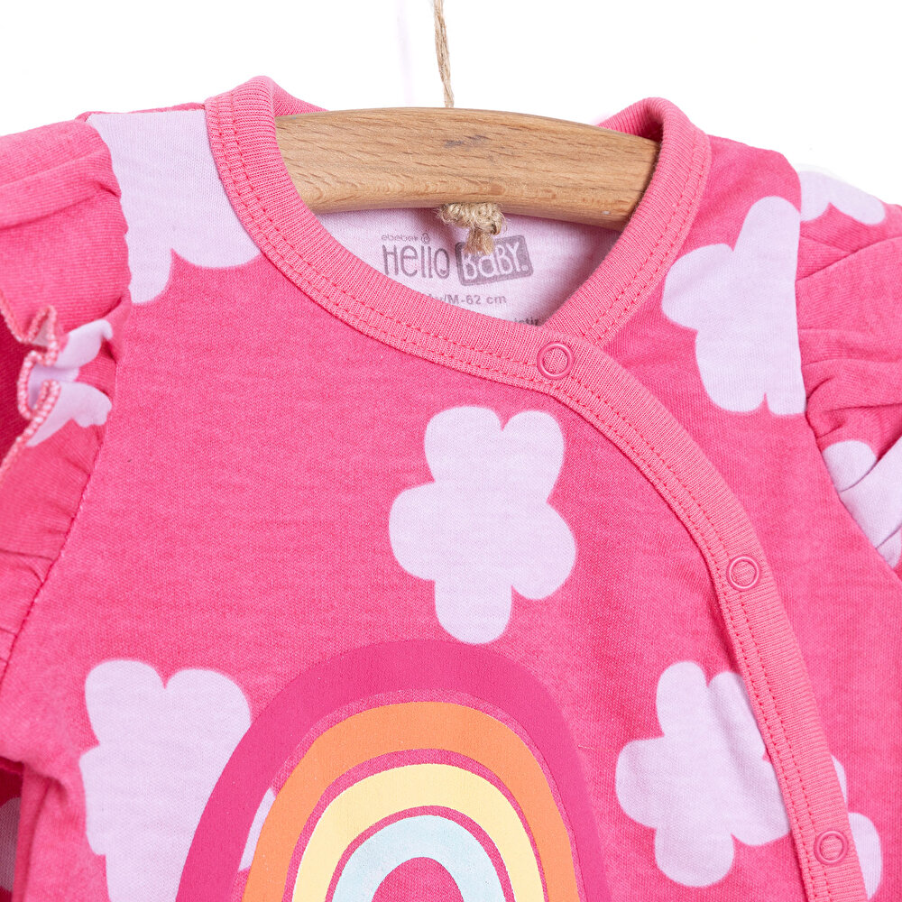 Kız Bebek Yenidoğan Patikli Tulum %100 Pamuk Çıtçıtlı Bisiklet Yaka Uzun Kol Pembe