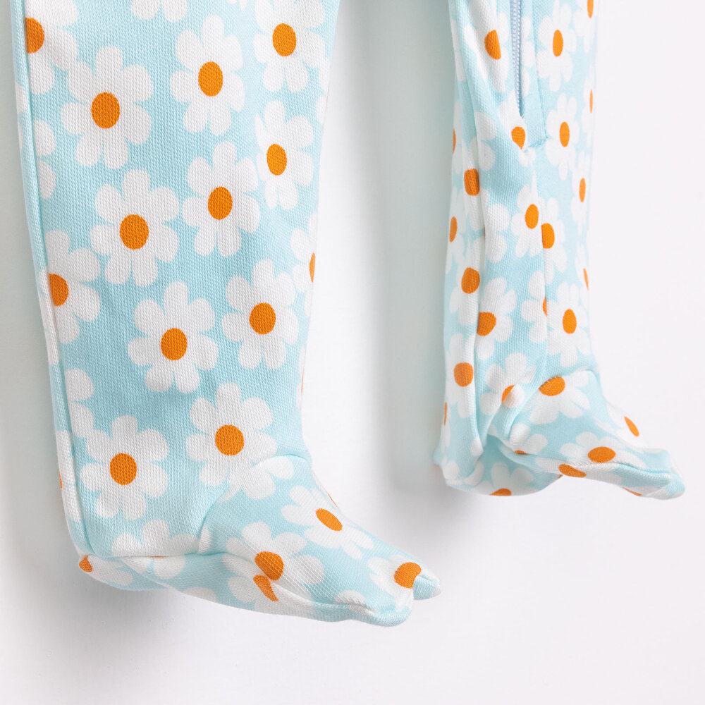 Kız Bebek Yenidoğan Patikli Tulum %100 Pamuk Fermuarlı Bisiklet Yaka Uzun Kol Açık Mavi