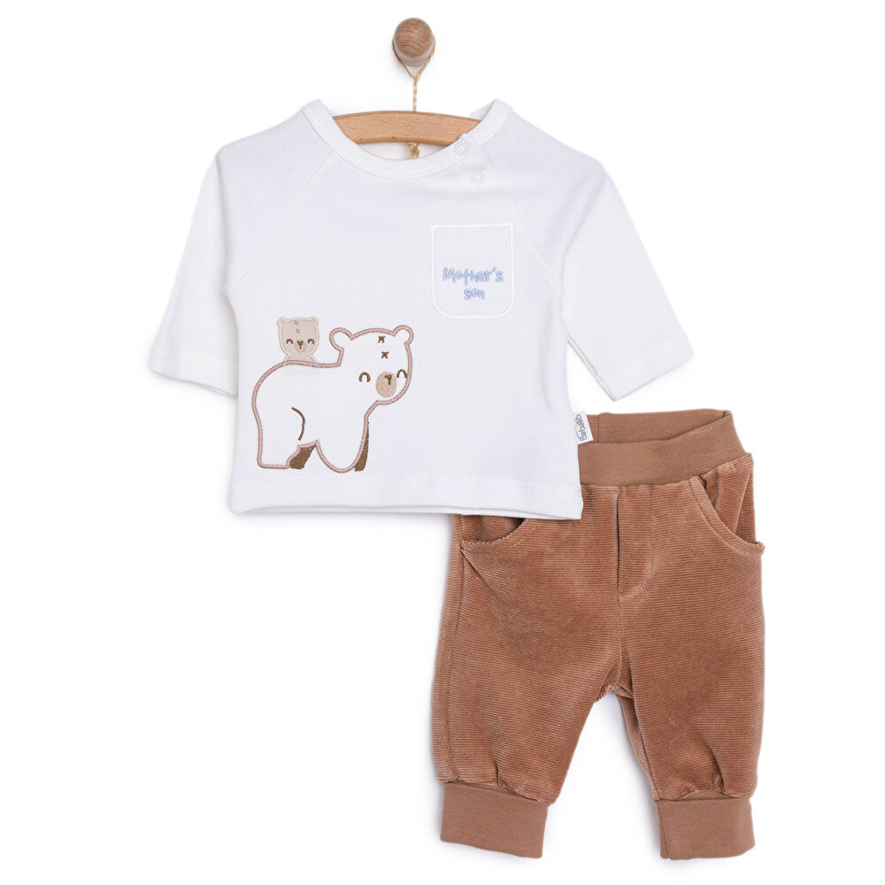 Erkek Bebek Sweatshirt Patiksiz Alt Kadife Örme Mother's Bisiklet Yaka Uzun Kol Kahverengi