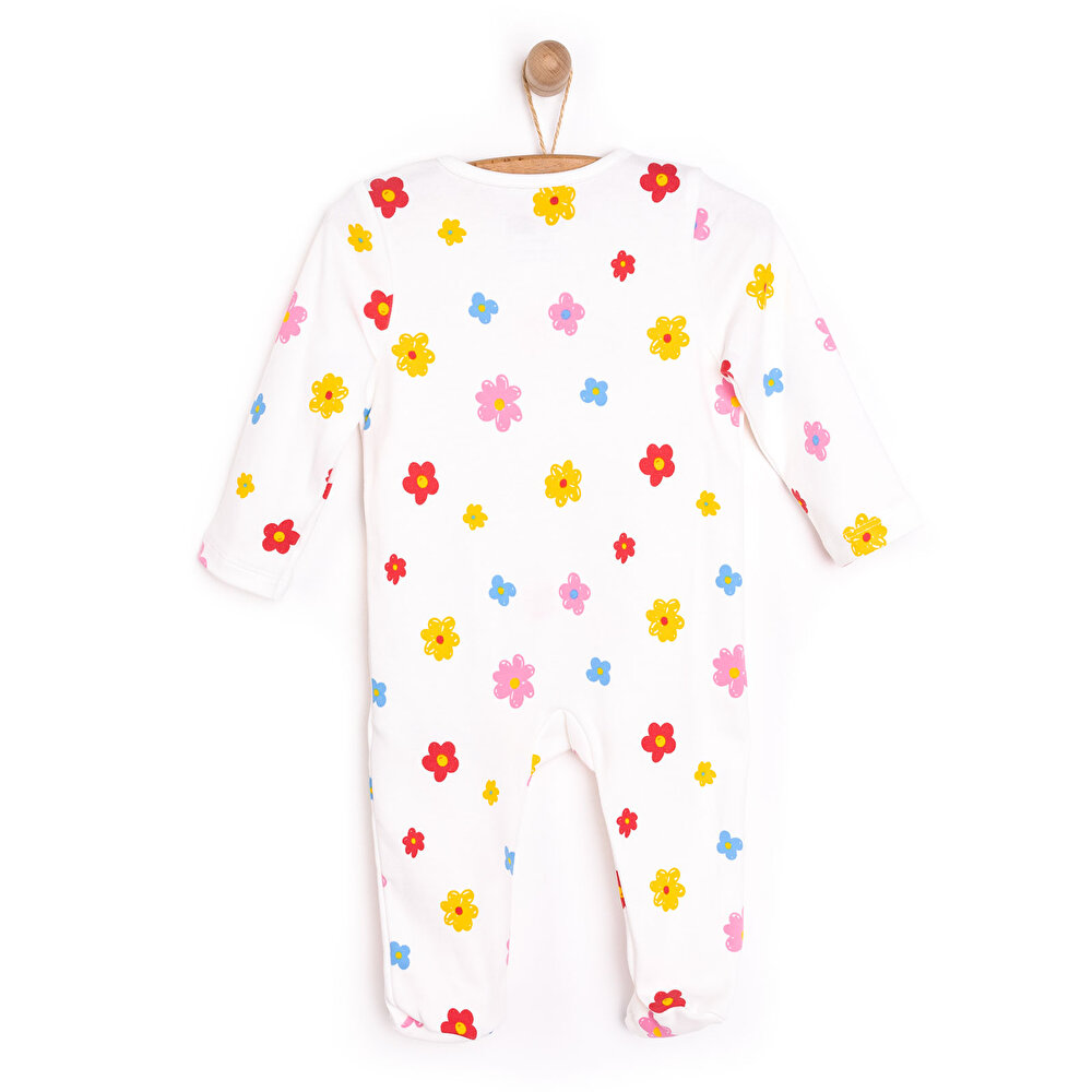 Kız Bebek Yenidoğan Patikli Tulum Çiçek Desenli Fermuarlı Bisiklet Yaka Uzun Kol Mavi