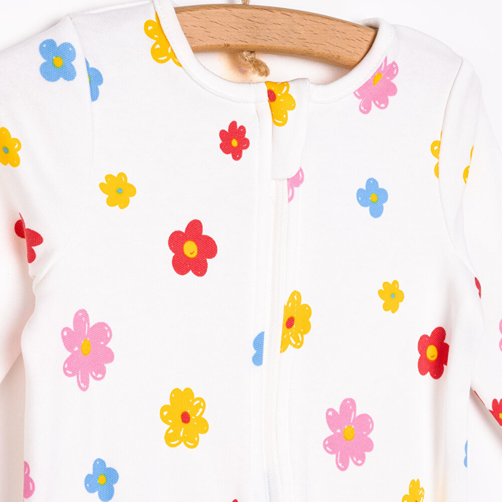 Kız Bebek Yenidoğan Patikli Tulum Çiçek Desenli Fermuarlı Bisiklet Yaka Uzun Kol Mavi