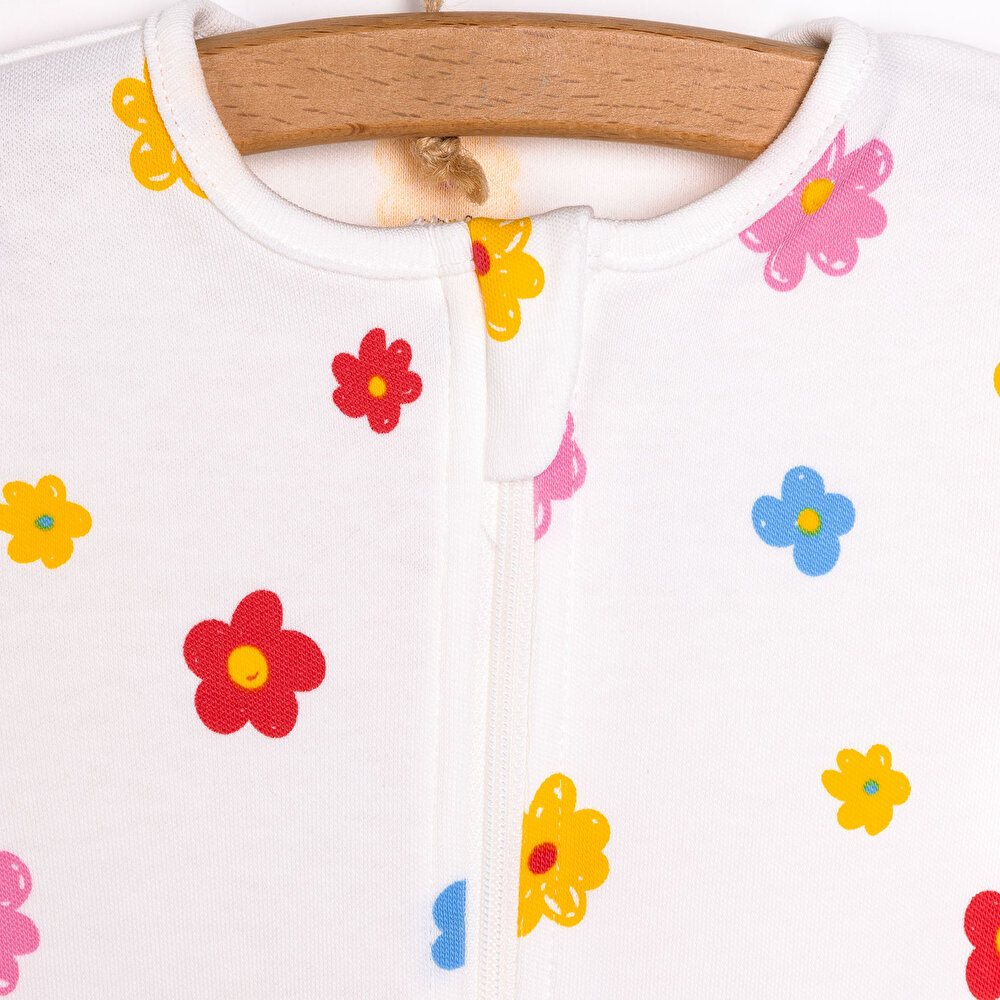 Kız Bebek Yenidoğan Patikli Tulum Çiçek Desenli Fermuarlı Bisiklet Yaka Uzun Kol Mavi