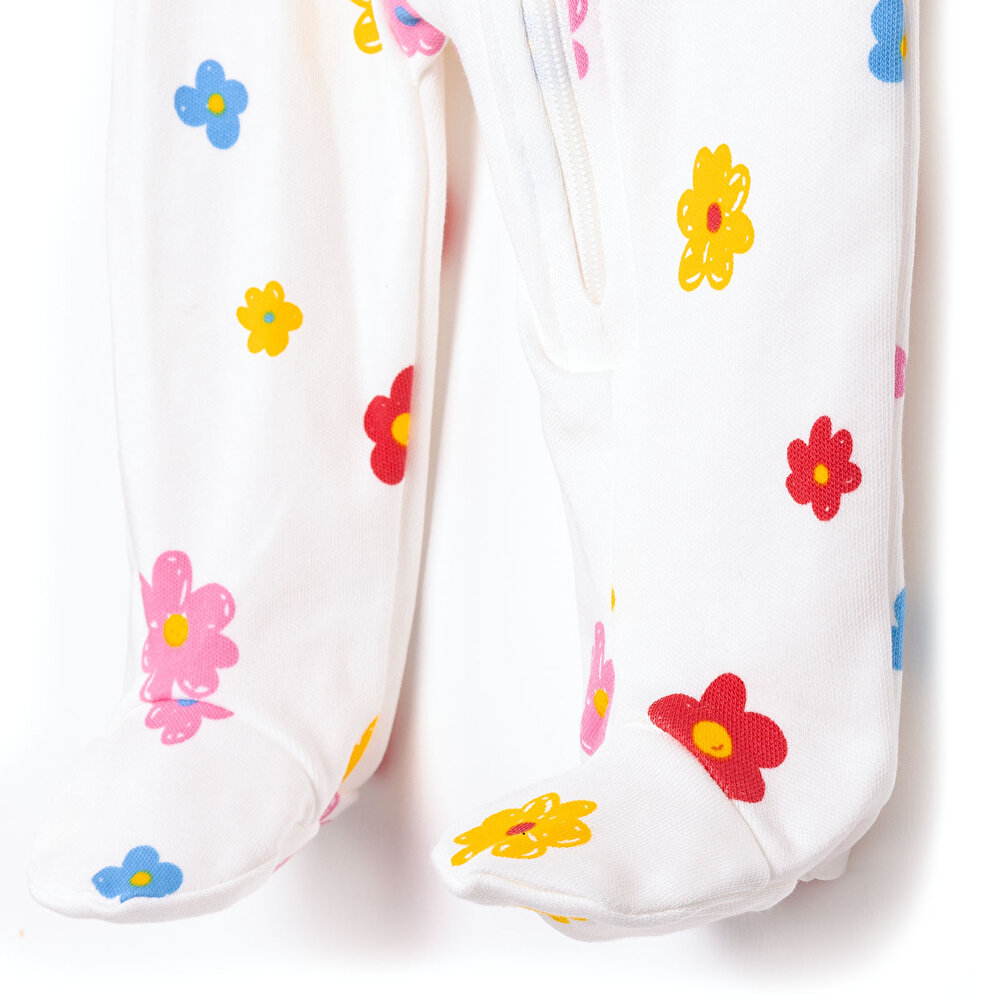 Kız Bebek Yenidoğan Patikli Tulum Çiçek Desenli Fermuarlı Bisiklet Yaka Uzun Kol Mavi