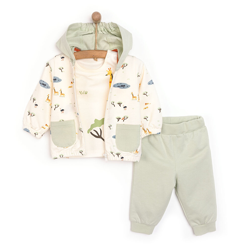 Yenidoğan Safari Sweatshirt-Kapüşonlu Hırka-Alt 3lü Takım Erkek Bebek
