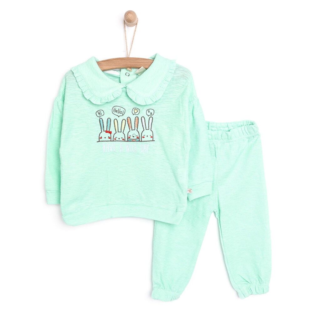 Yenidoğan Tavşan Baskılı Yakalı Kız Sweatshirt Patiksiz Alt 2'li takım Kız Bebek