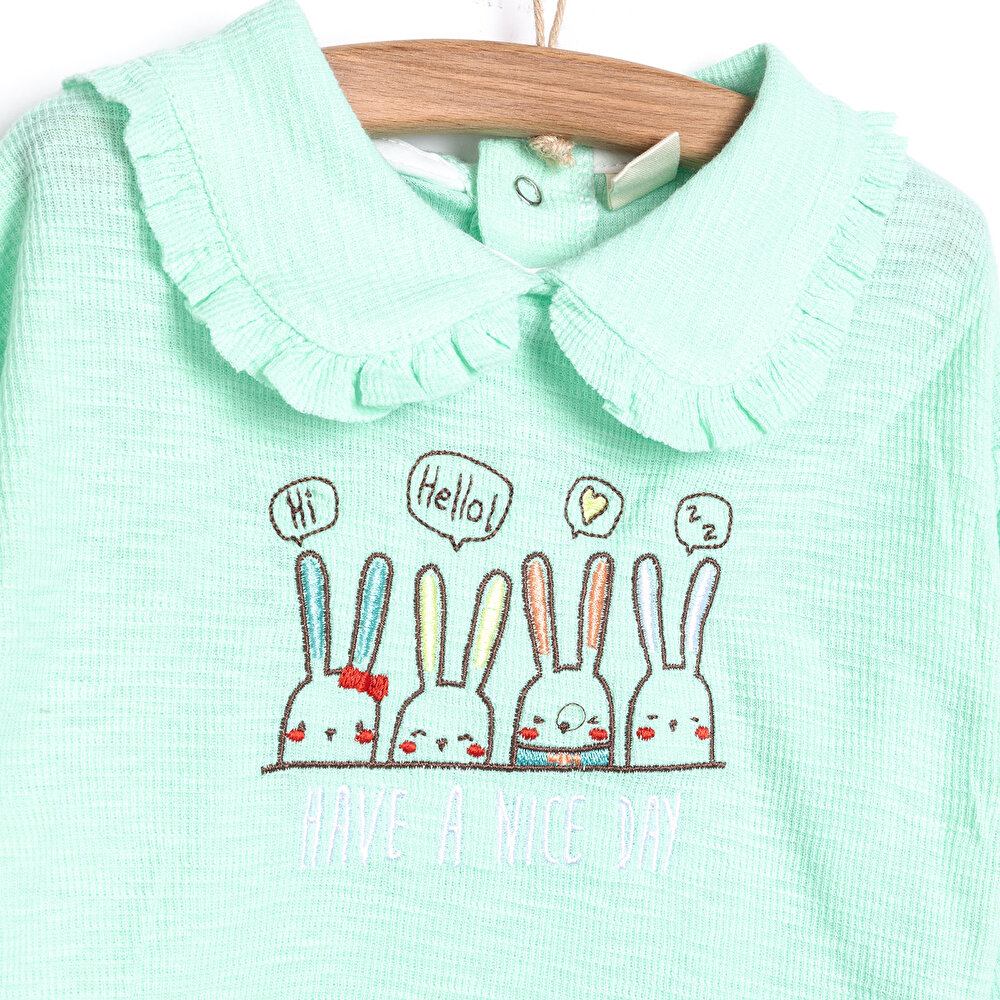 Yenidoğan Tavşan Baskılı Yakalı Kız Sweatshirt Patiksiz Alt 2'li takım Kız Bebek