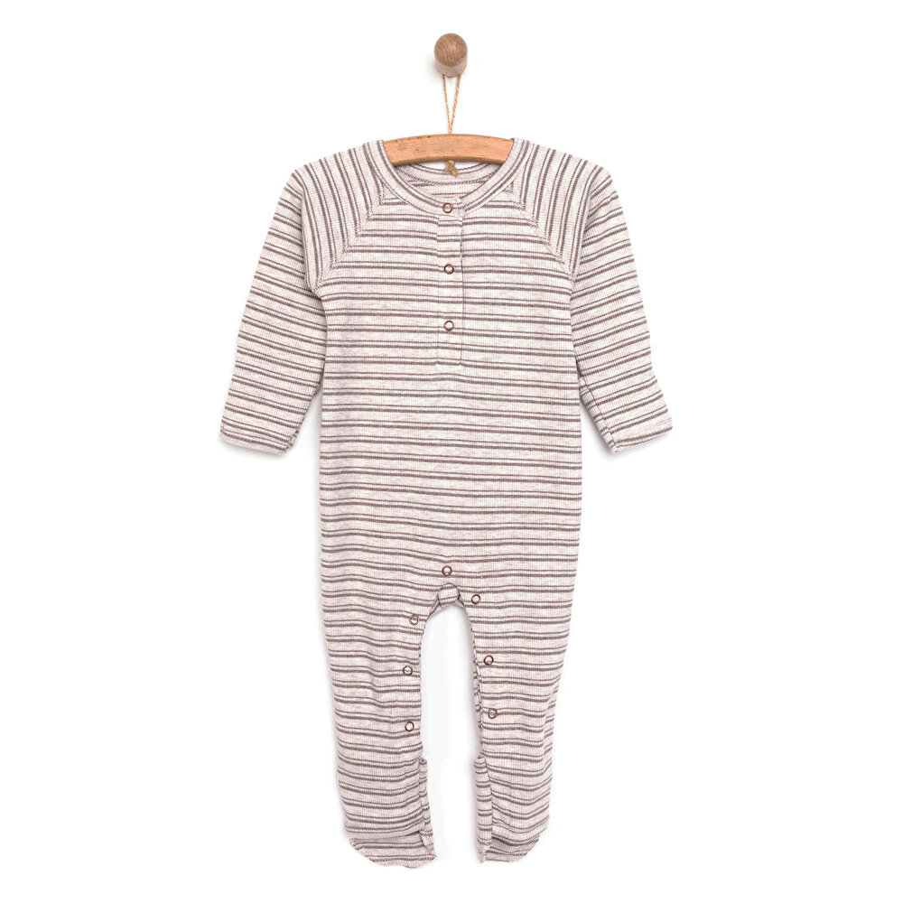 Unisex Yenidoğan Patikli Tulum Boyu Ayarlanabilir Düğmeli Bisiklet Yaka Uzun Kol Bej