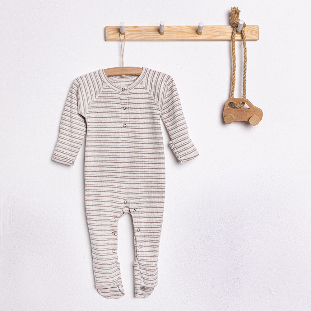 Unisex Yenidoğan Patikli Tulum Boyu Ayarlanabilir Düğmeli Bisiklet Yaka Uzun Kol Bej