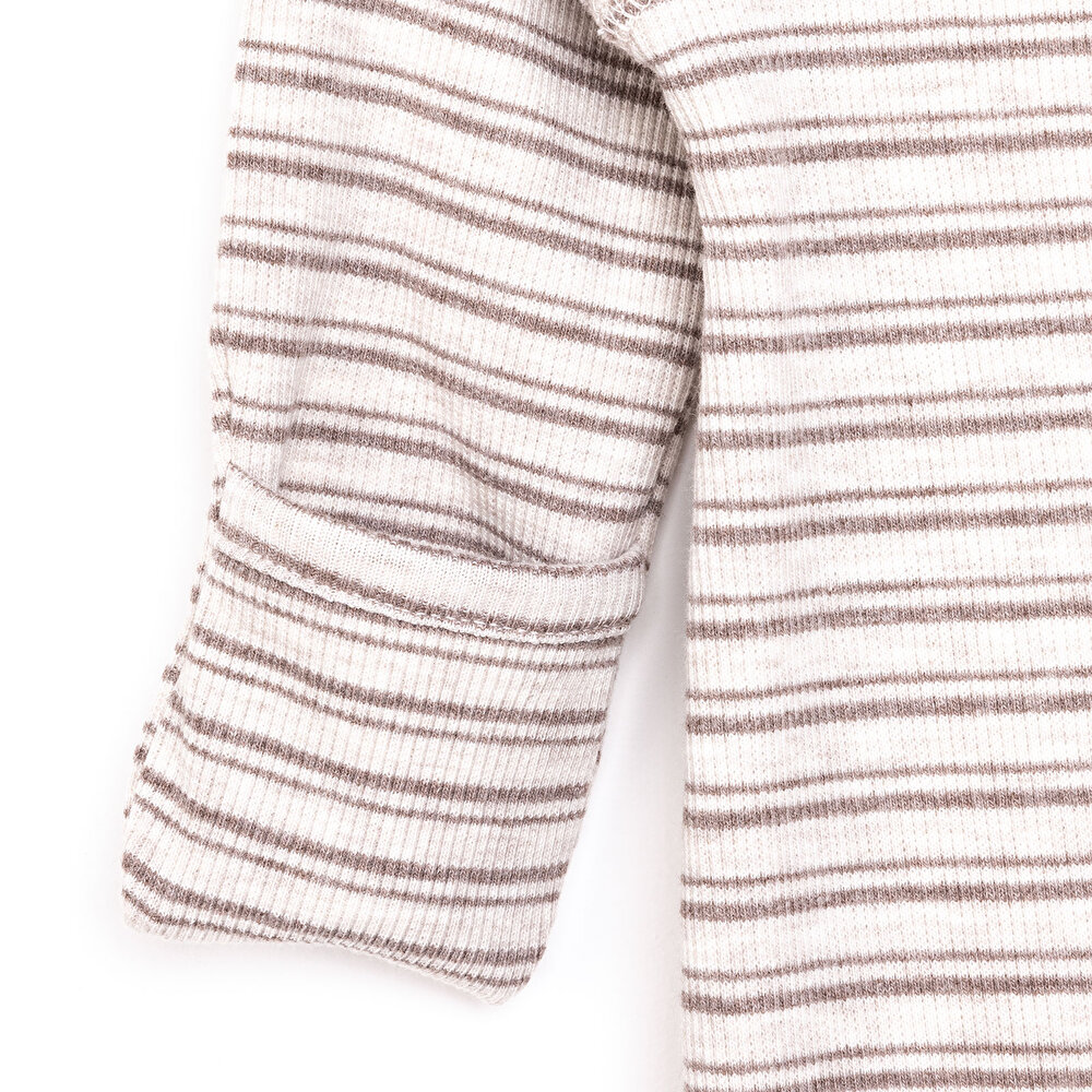 Unisex Yenidoğan Patikli Tulum Boyu Ayarlanabilir Düğmeli Bisiklet Yaka Uzun Kol Bej