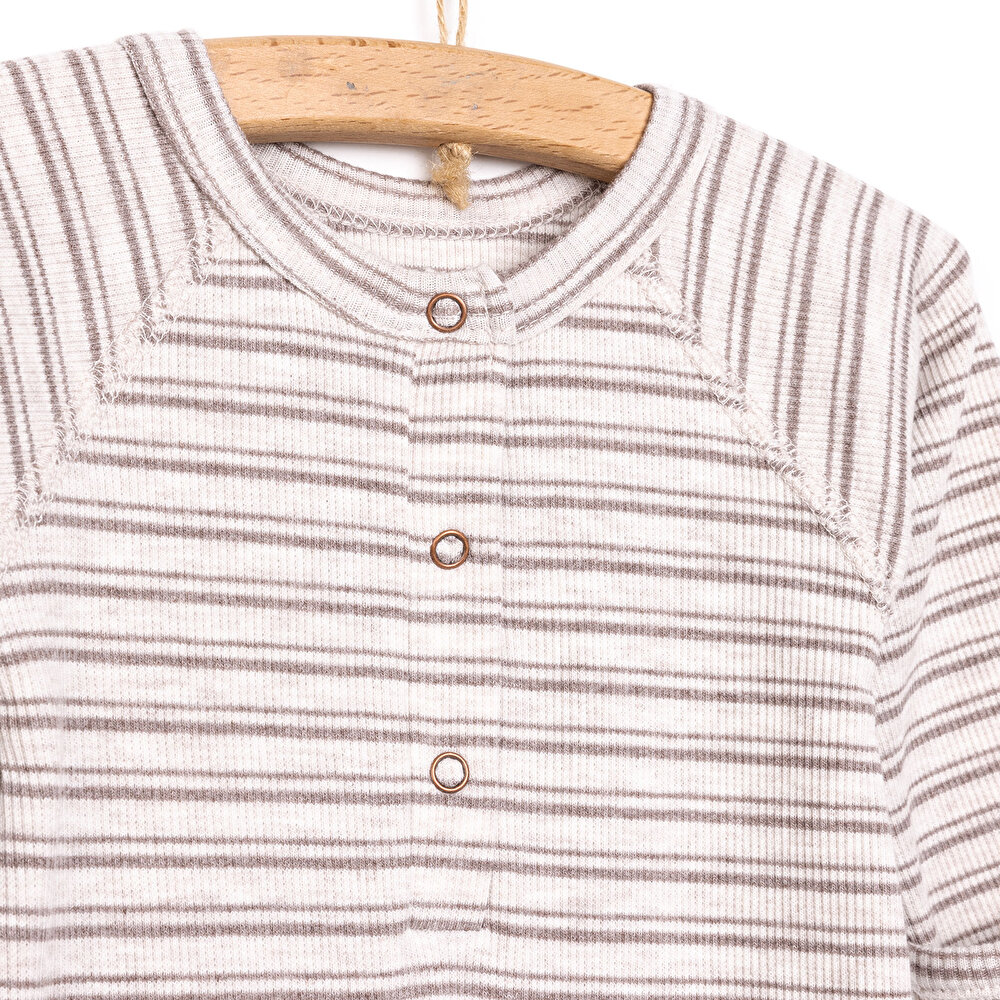 Unisex Yenidoğan Patikli Tulum Boyu Ayarlanabilir Düğmeli Bisiklet Yaka Uzun Kol Bej