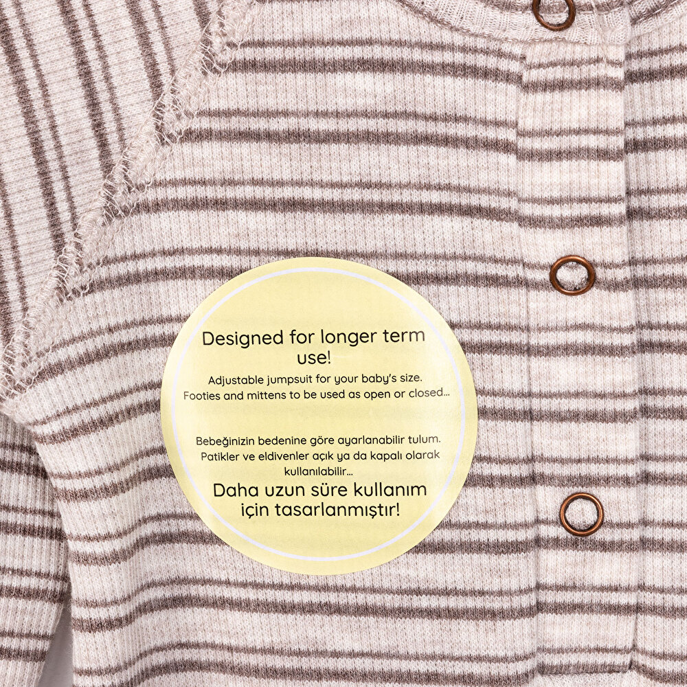 Unisex Yenidoğan Patikli Tulum Boyu Ayarlanabilir Düğmeli Bisiklet Yaka Uzun Kol Bej
