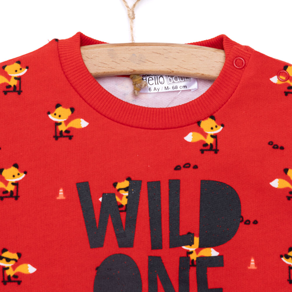 Erkek Bebek Sweatshirt Şardonlu  Wild One Baskılı Çıtçıtlı Bisiklet Yaka Uzun Kol