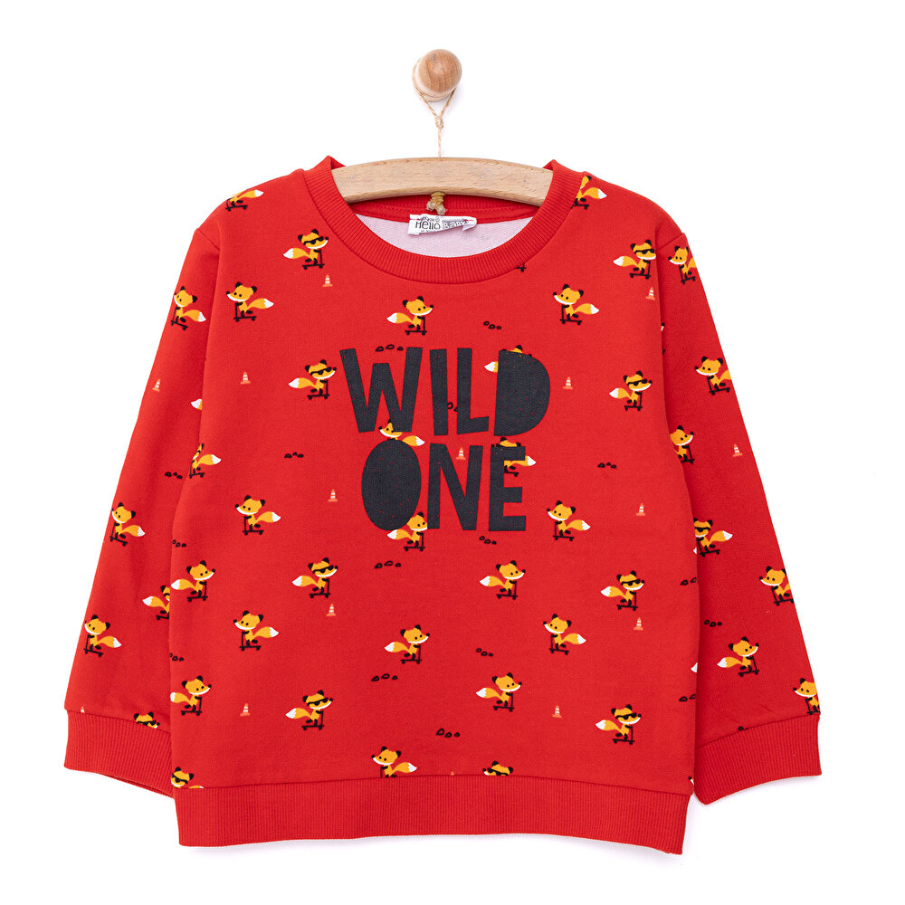 Erkek Bebek Sweatshirt Şardonlu  Wild One Baskılı Çıtçıtlı Bisiklet Yaka Uzun Kol