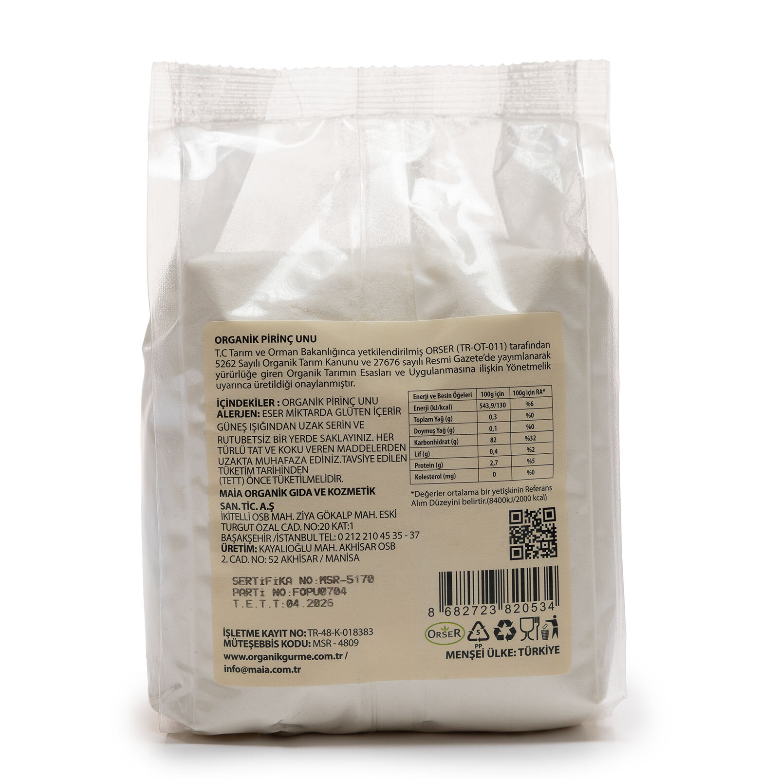 &nbsp; ORGANİK PİRİNÇ UNU&nbsp; 500 GR