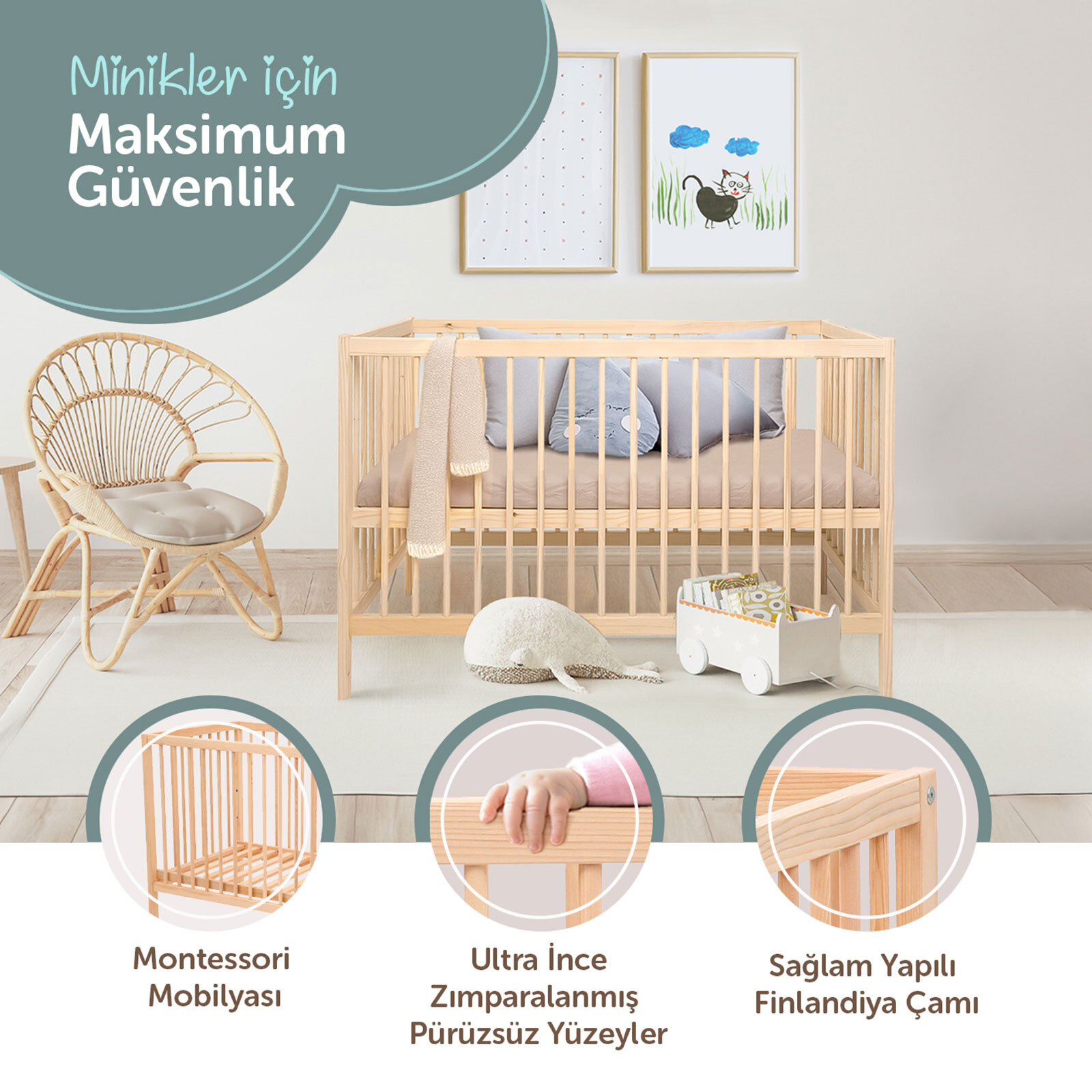 Ahşap Kademeli Beşik 60x120 cm Ahşap Kademeli Beşik 60x120 cm