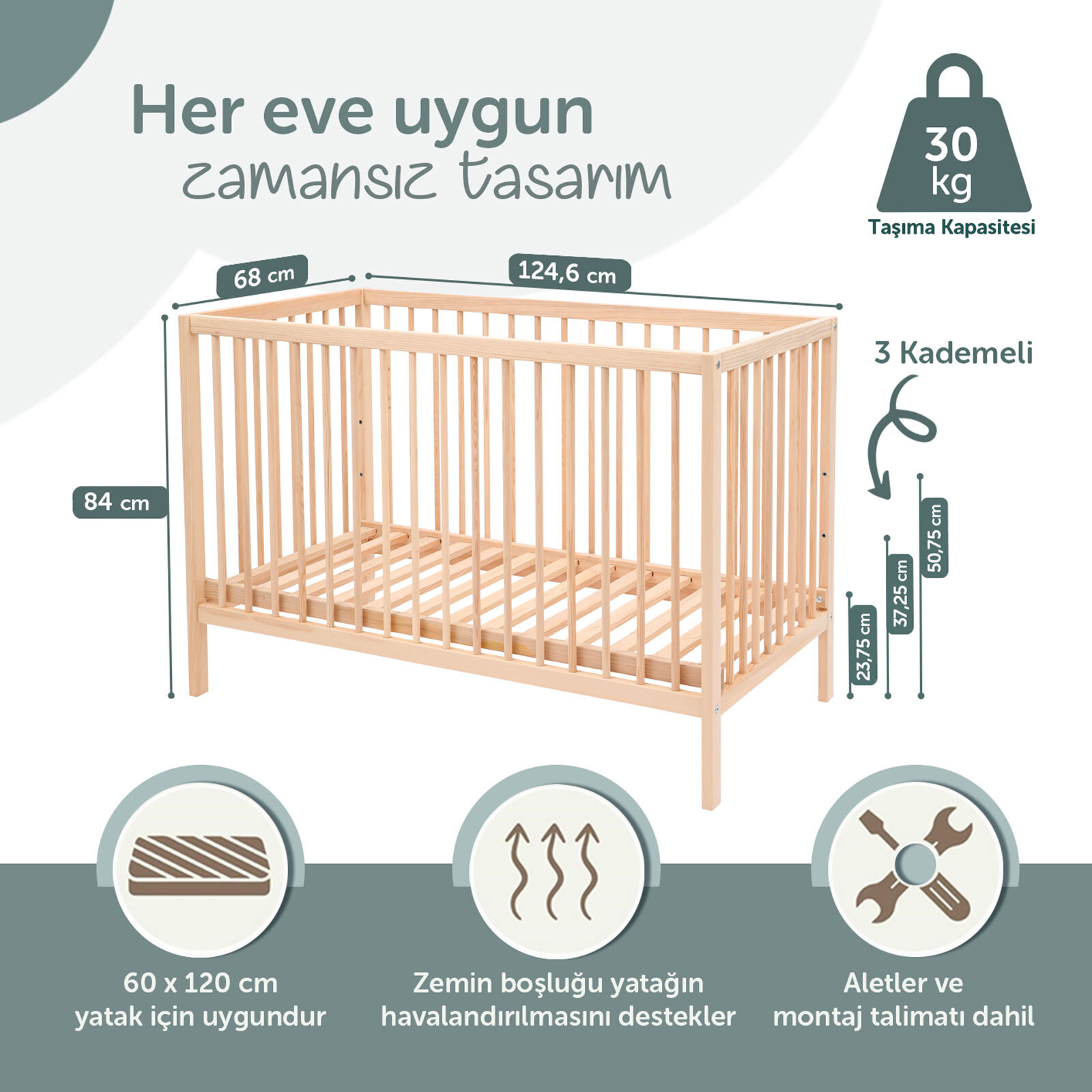 Ahşap Kademeli Beşik 60x120 cm Ahşap Kademeli Beşik 60x120 cm