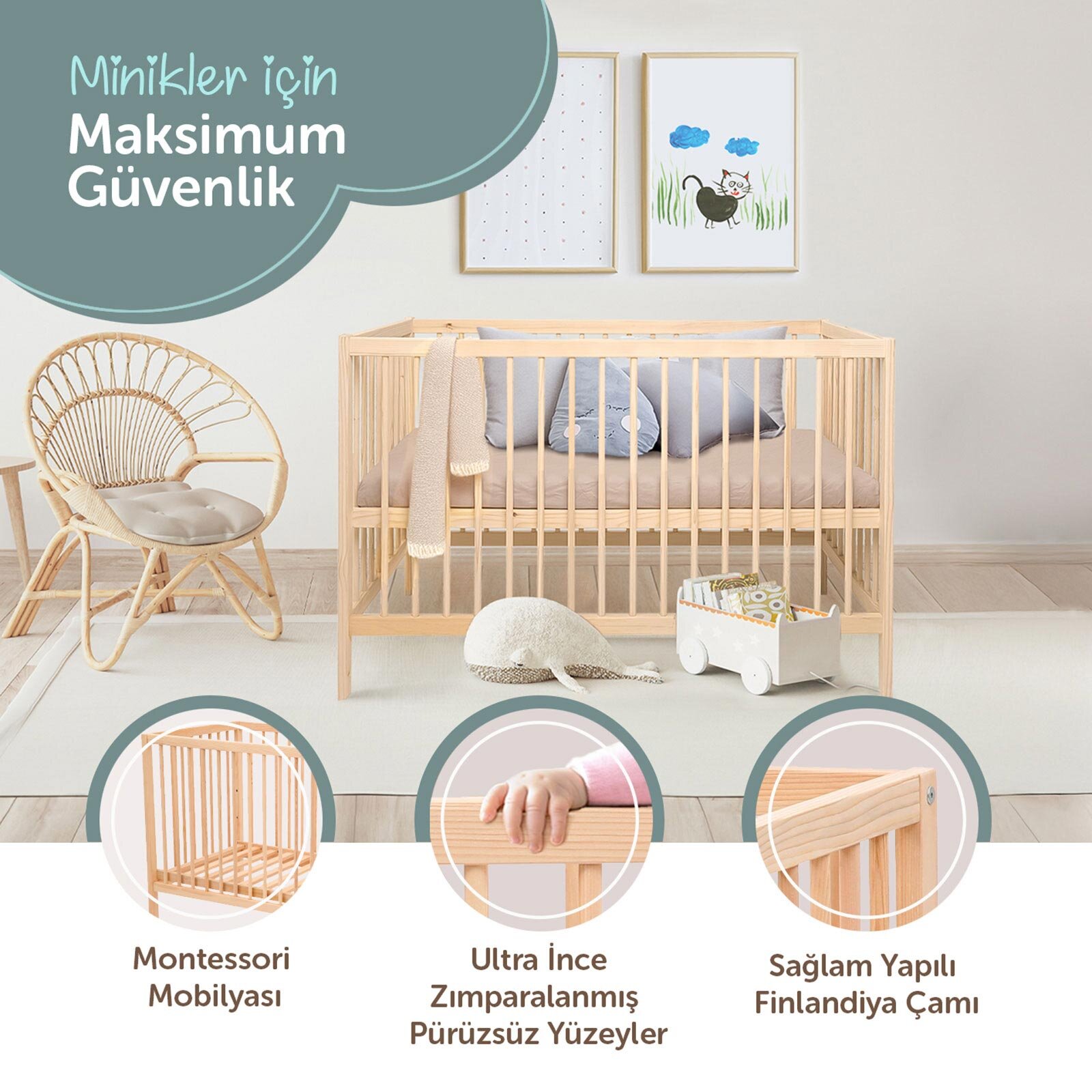 Ahşap Kademeli Beşik 60x120 cm