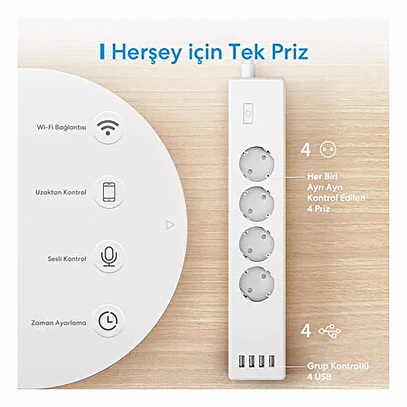 Akıllı Çoklu Priz - 4 Güç + 4 USB