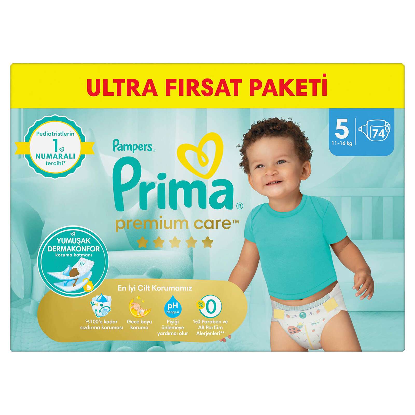 Bebek Bezi Premium Care 5 Beden Junior Ultra Fırsat Paketi 11-16 kg 74 Adet