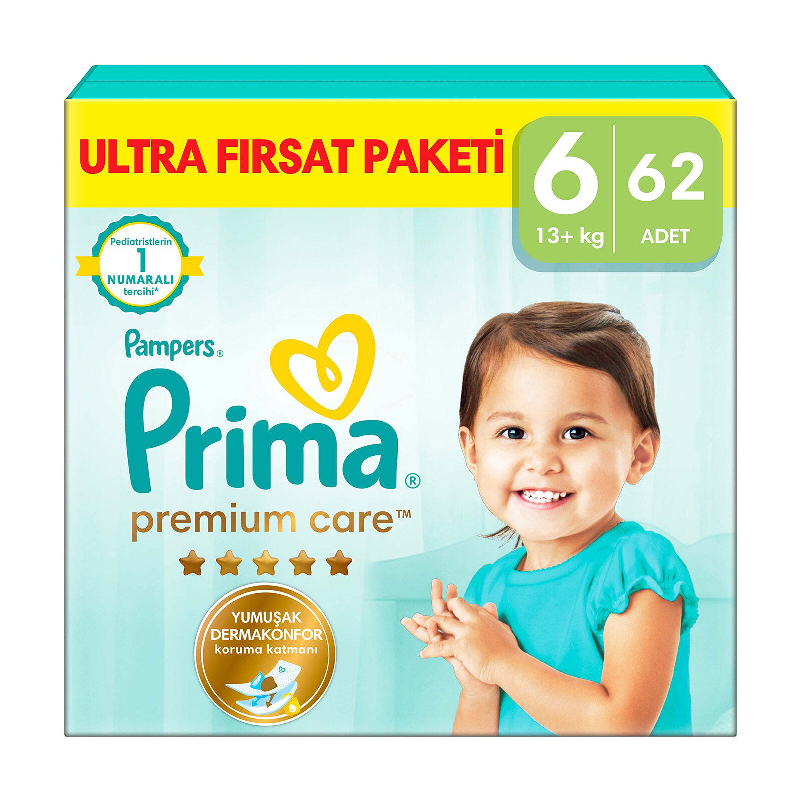 Bebek Bezi Premium Care 6 Beden Extra Large Ultra Fırsat Paketi 13+ kg 62 Adet