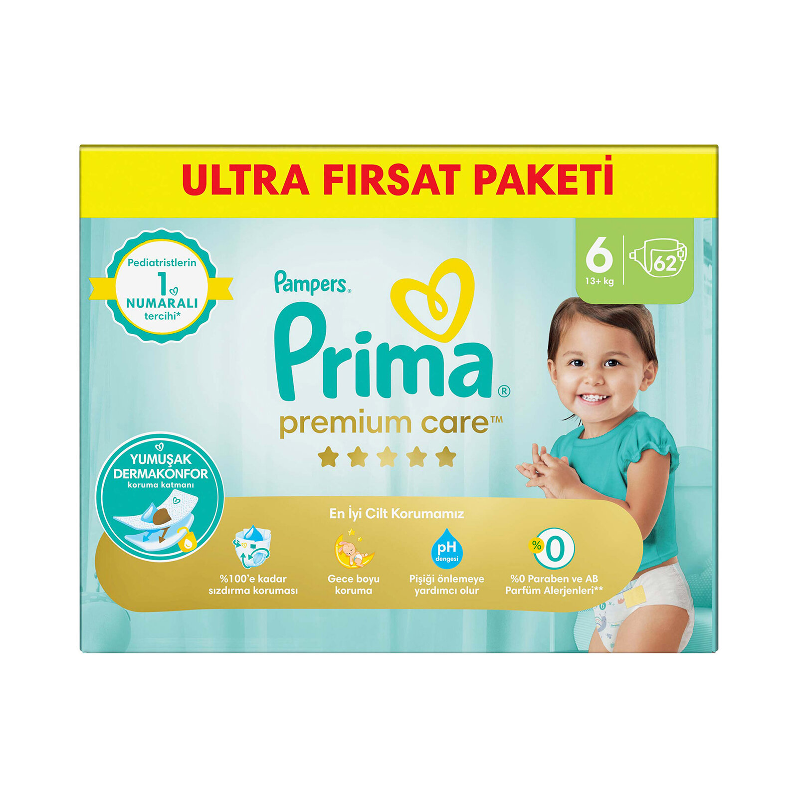 Bebek Bezi Premium Care 6 Beden Extra Large Ultra Fırsat Paketi 13+ kg 62 Adet