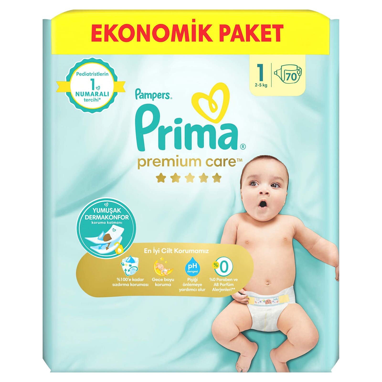 Bebek Bezi Premium Care 1 Beden Yenidoğan Ekonomik Paket 2-5 kg 70 Adet Bebek Bezi Premium Care 1 Beden Yenidoğan Ekonomik Paket 2-5 kg 70 Adet
