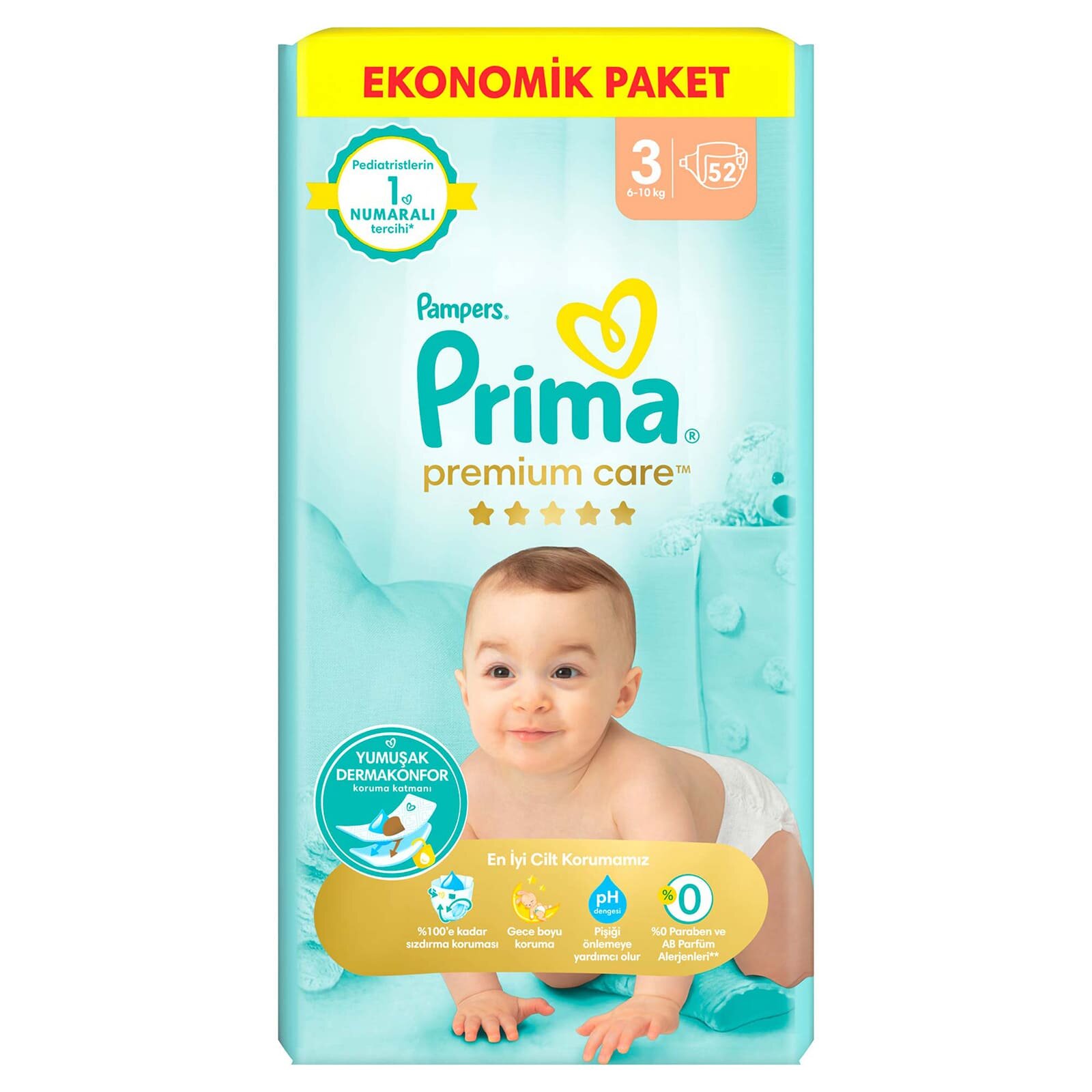 Bebek Bezi Premium Care 3 Beden Midi Ekonomik Paket 6-10 kg 52 Adet