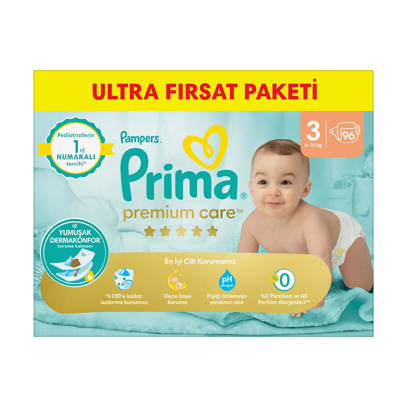 Bebek Bezi Premium Care 3 Beden Midi Ultra Fırsat Paketi 6-10 kg 96 Adet
