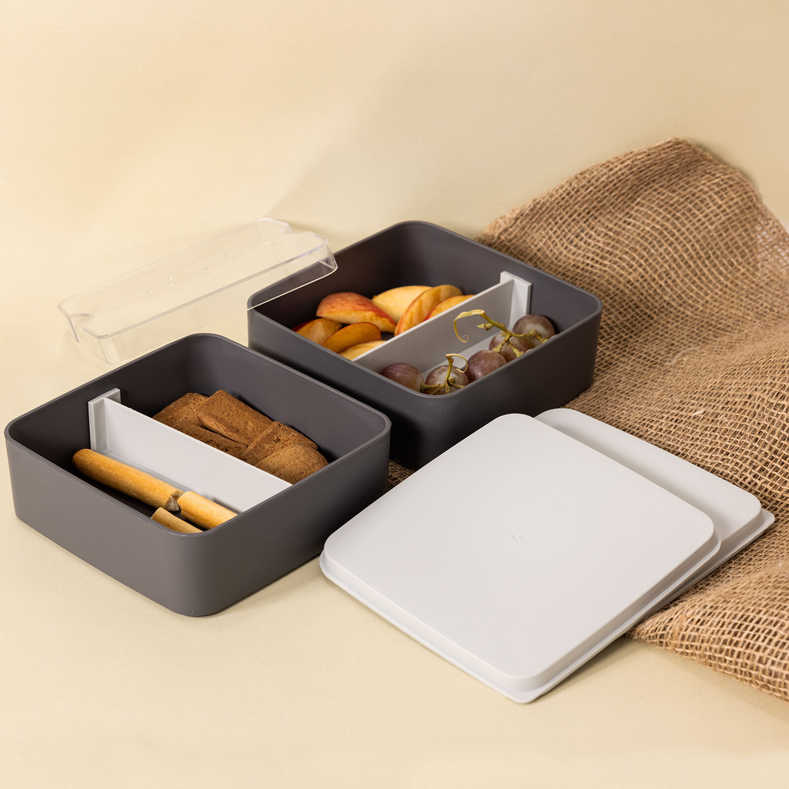 Pratik yemek ve saklama kabı seti / Kare Antrasit Gri