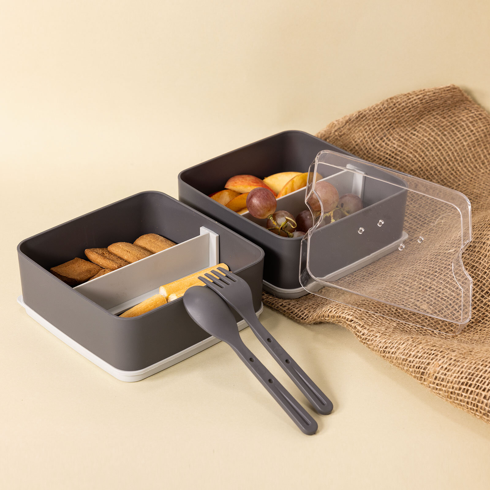 Pratik yemek ve saklama kabı seti / Kare Antrasit Gri