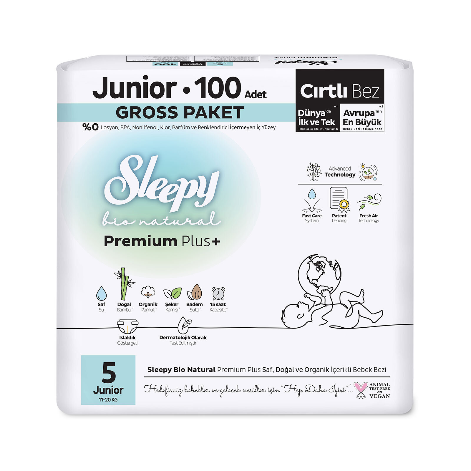 Bio Natural Aylık Paket Bebek Bezi 5 Numara 100 Adet