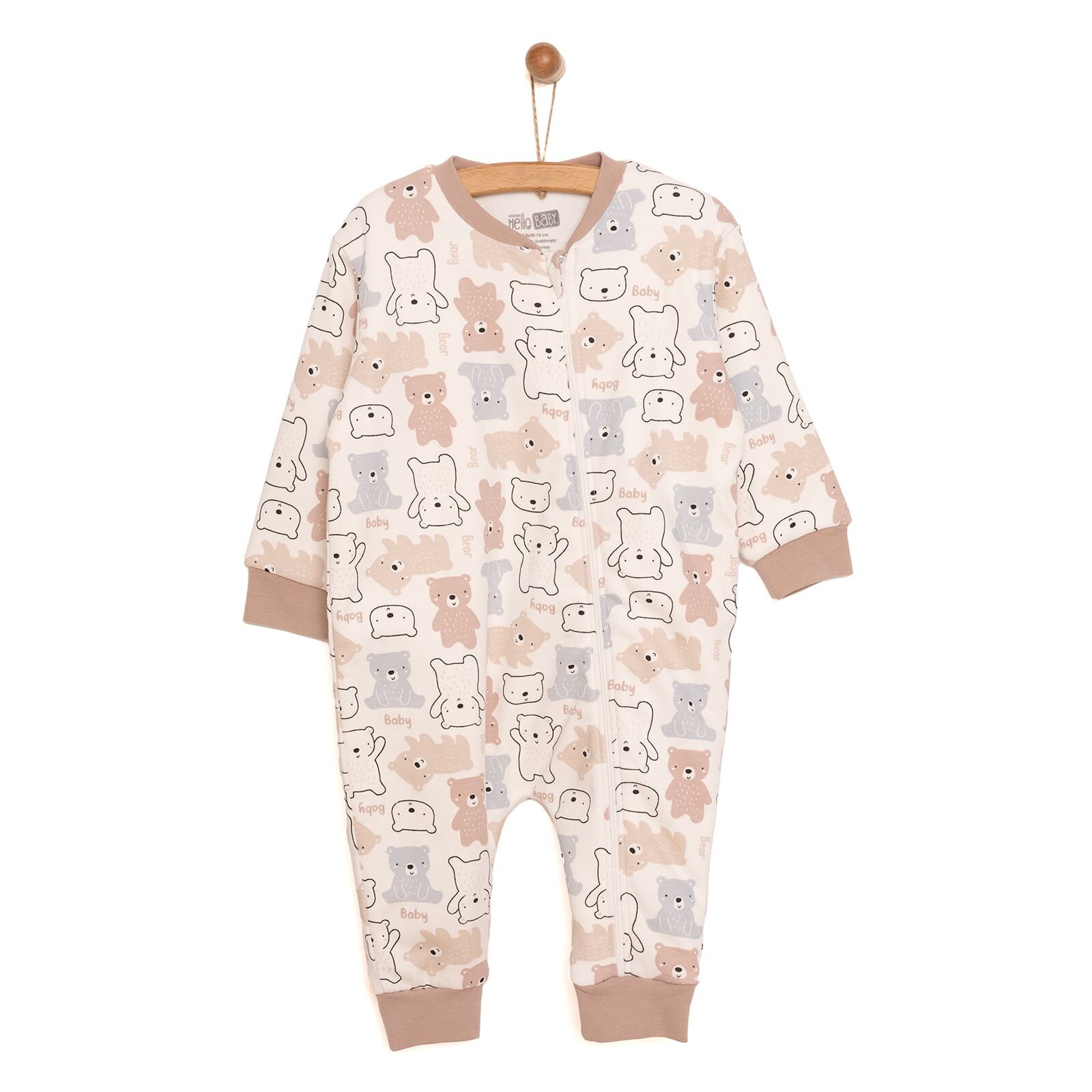 Unisex Uyku Tulum İnterlok Ayı Desen Fermuarlı 1 Tog Uzun Kol Bej