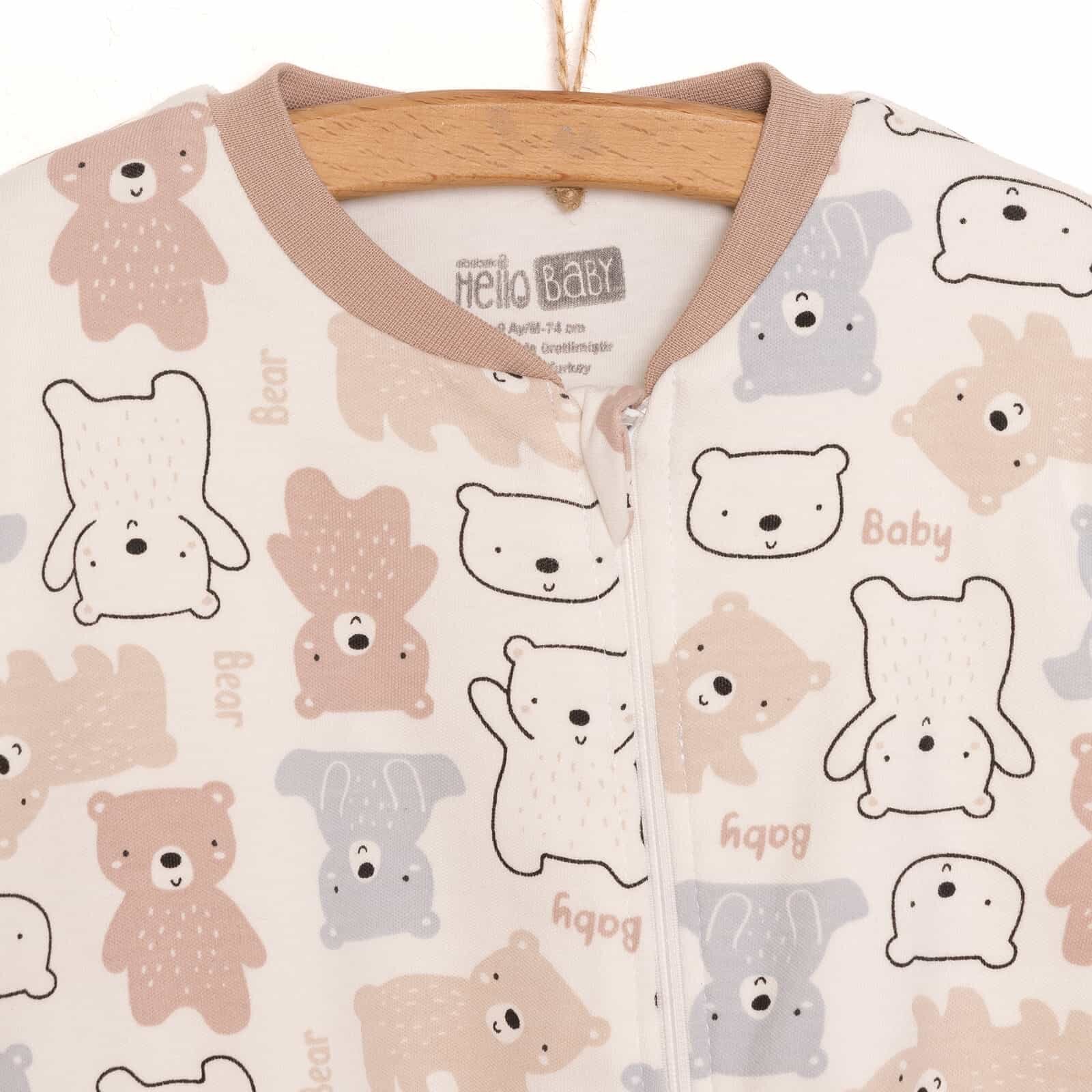 Unisex Uyku Tulum İnterlok Ayı Desen Fermuarlı 1 Tog Uzun Kol Bej