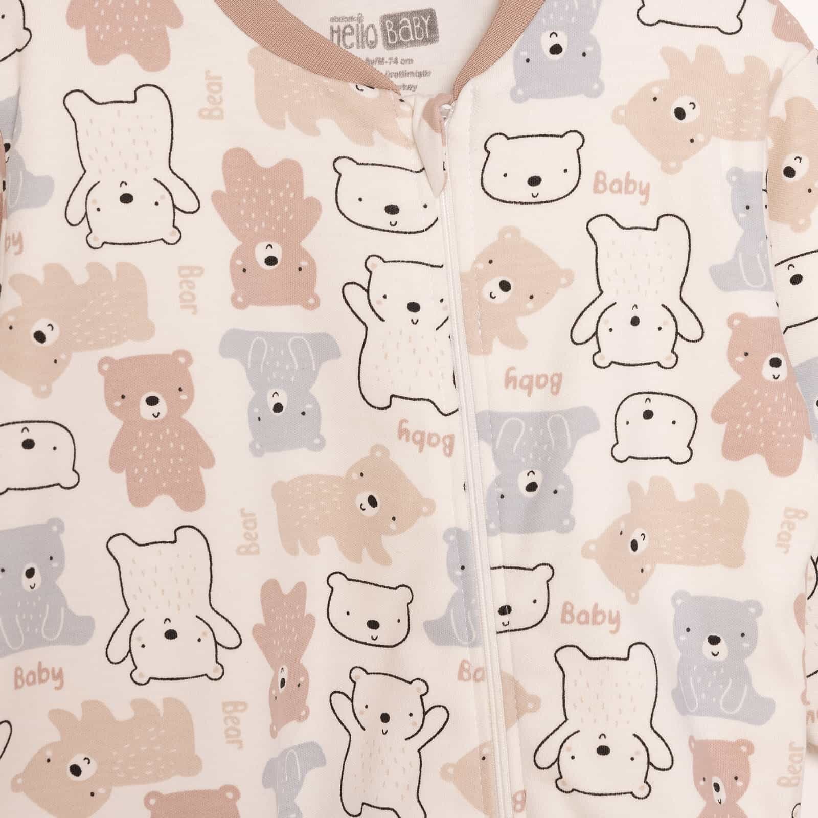 Unisex Uyku Tulum İnterlok Ayı Desen Fermuarlı 1 Tog Uzun Kol Bej