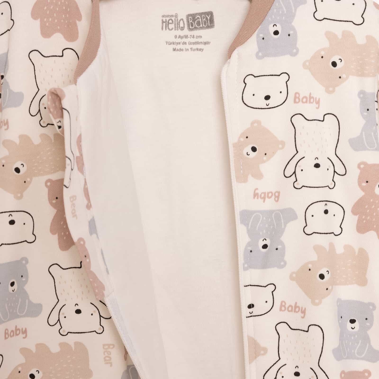 Unisex Uyku Tulum İnterlok Ayı Desen Fermuarlı 1 Tog Uzun Kol Bej