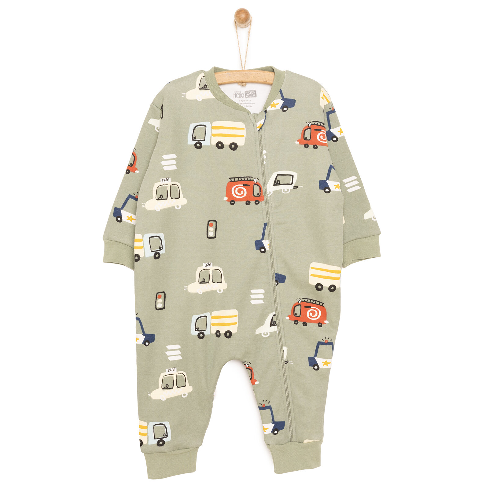 Erkek Bebek Uyku Tulum İnterlok Araba Desenli Fermuarlı 1 Tog Uzun Kol Haki