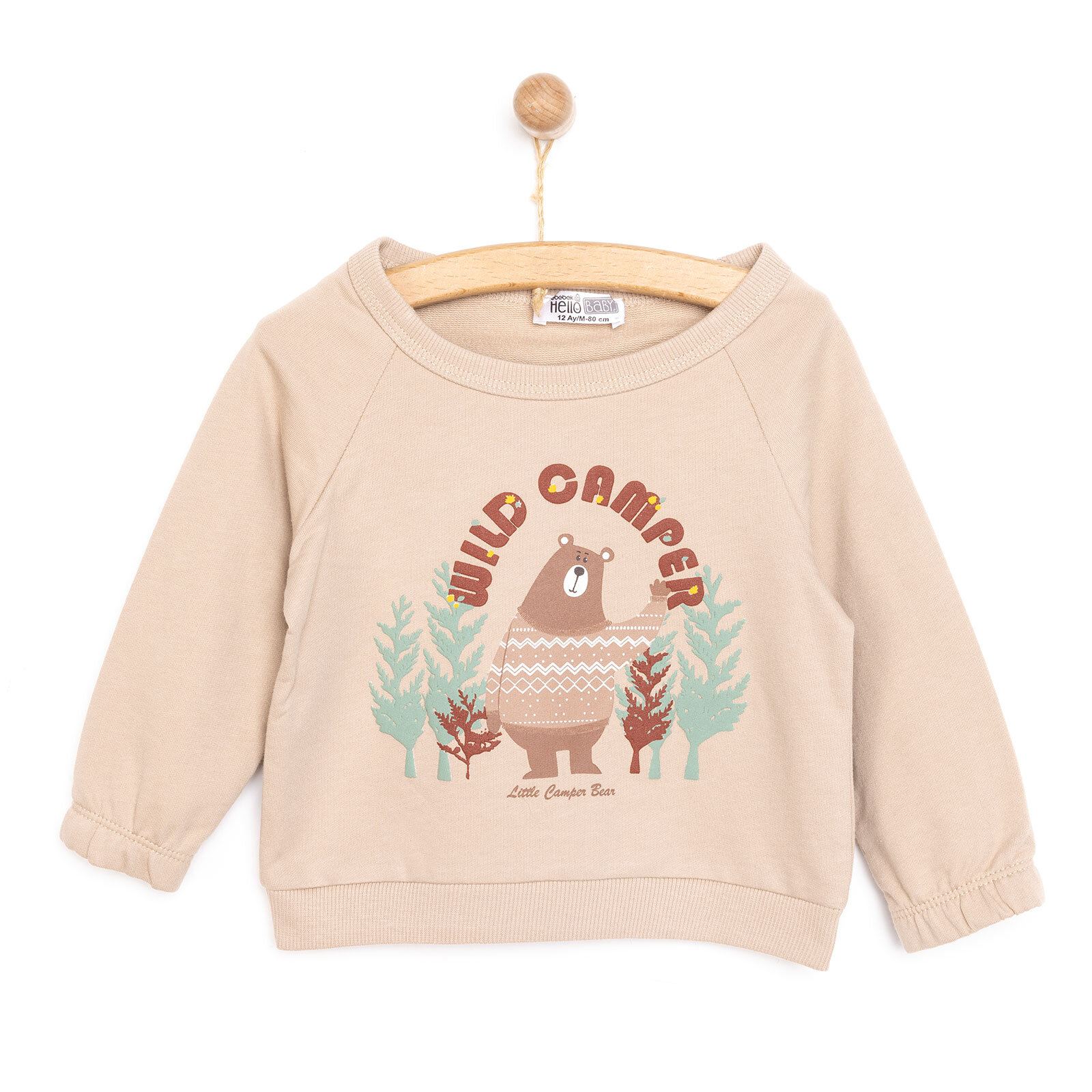 Erkek Bebek Sweatshirt Ayı Desenli Forest Camp Bisiklet Yaka Uzun Kol Kahverengi