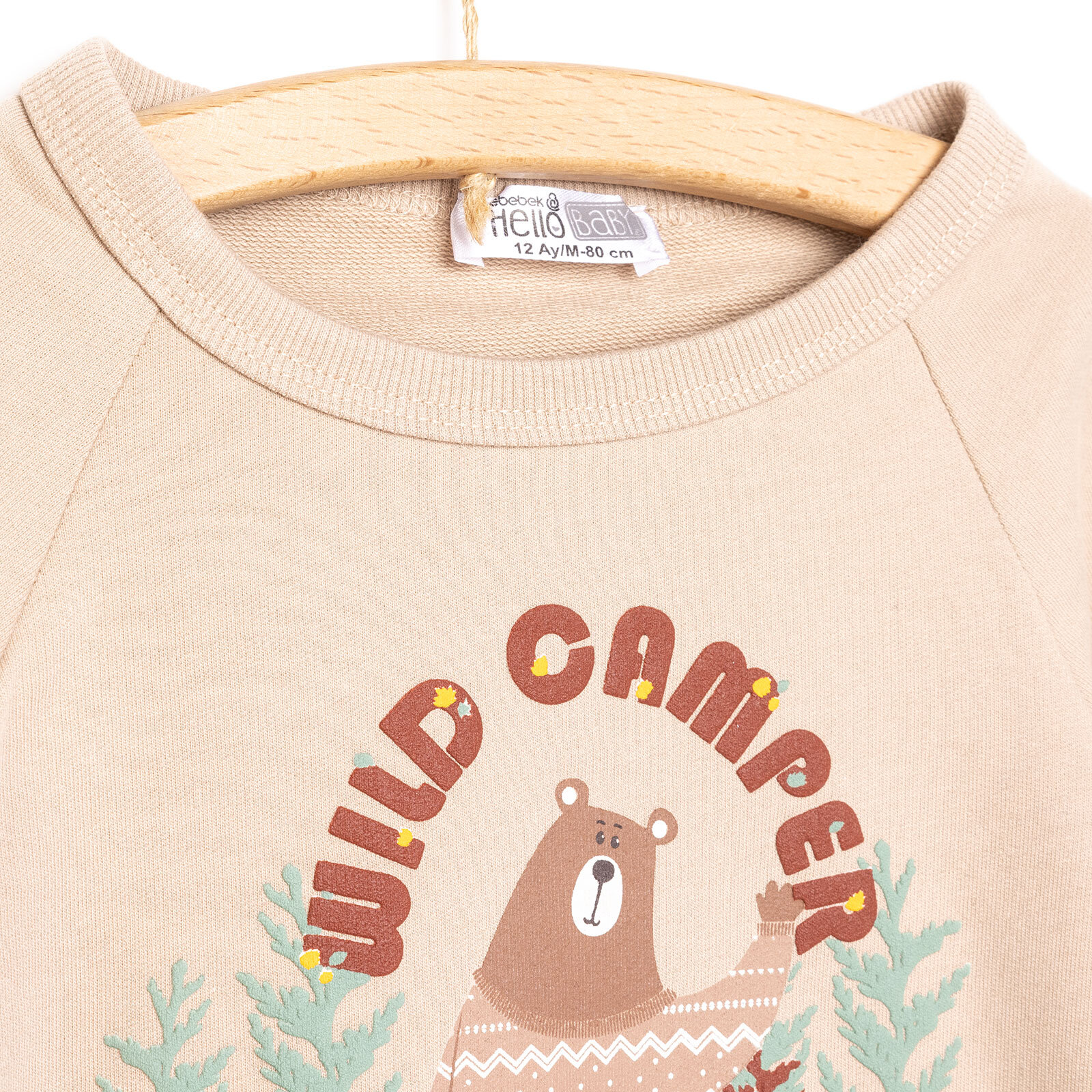 Erkek Bebek Sweatshirt Ayı Desenli Forest Camp Bisiklet Yaka Uzun Kol Kahverengi