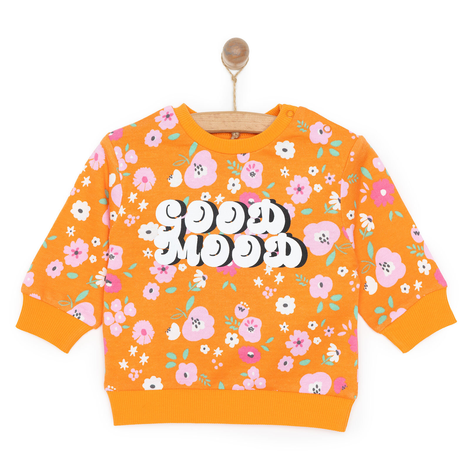 Kız Bebek Sweatshirt Çiçek Desenli Şardonlu Çıtçıtlı Bisiklet Yaka Uzun Kol Desenli