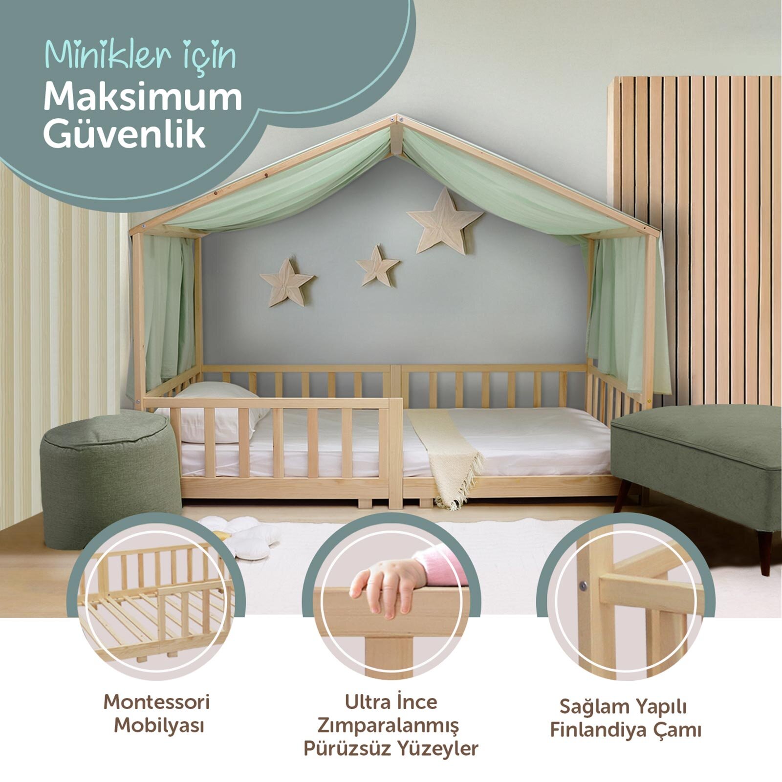 Montessori Düz Çatılı Karyola 90x190 cm