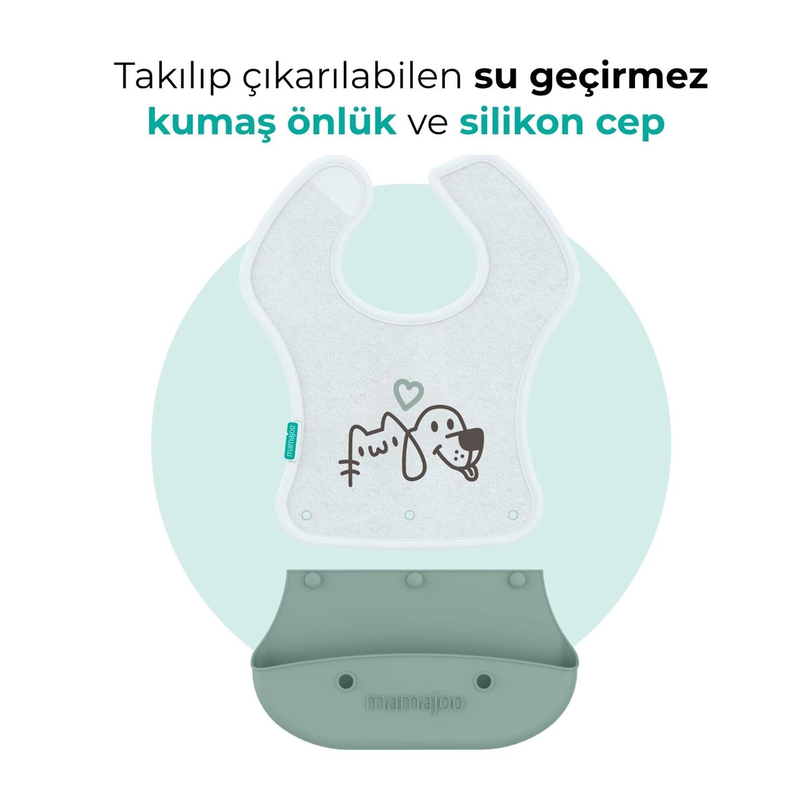 Katlanır Silikon & Kumaş Mama Önlüğü Powder Green